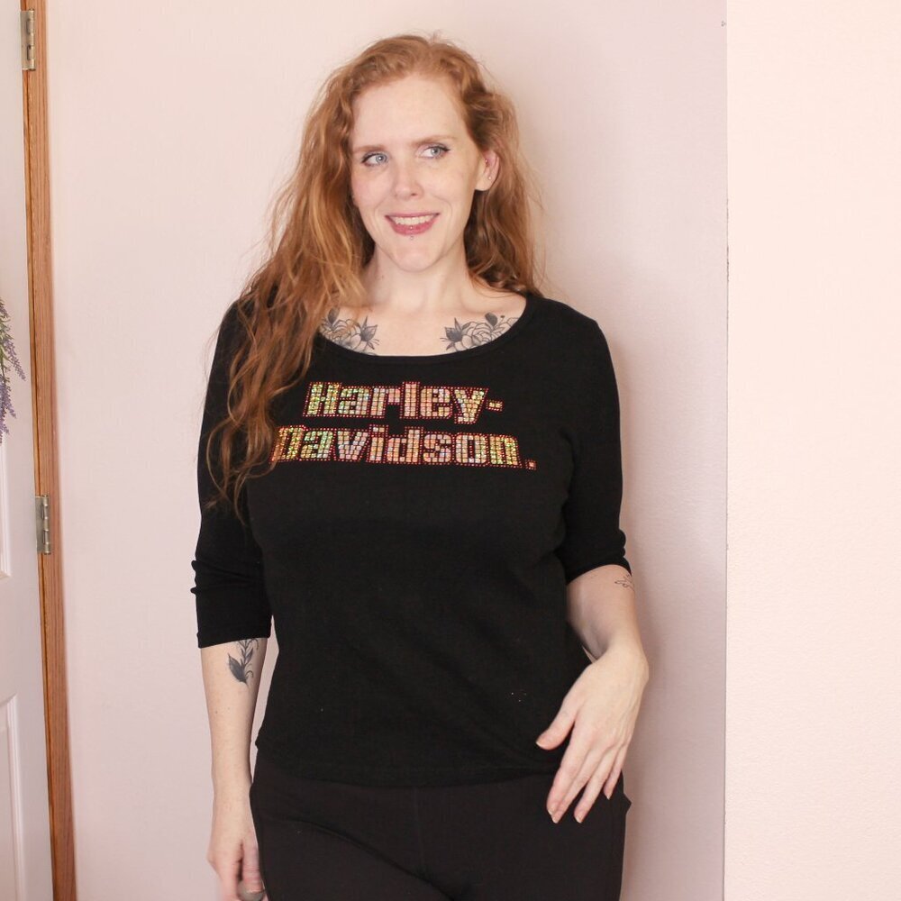Harley Davidson Black Scoop Neck Top Sparkle XL - Picture 1 of 6